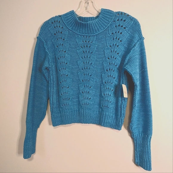 NWT Free People Bell Song Cropped Knit Long Sleeve Sweater Size XS Teal Blue - Picture 4 of 11